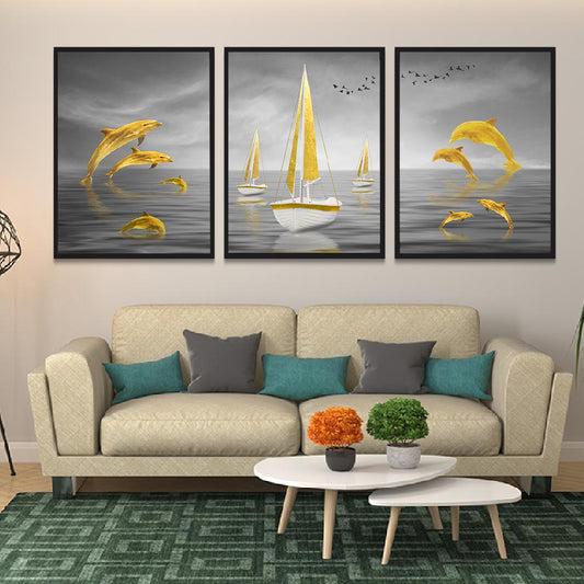 Creative Gold Sailboat Dolphin Abstract Art Print/Paintings for Home Décor