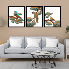 Abstract Birds Art Wall Decor Framed Painting DS37 Set of 3