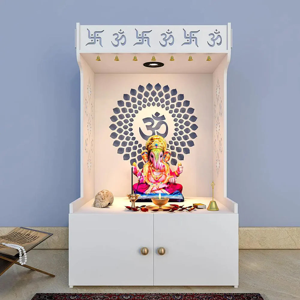 Om Chakra Floor Temple/Pooja Mandir with Spacious Wooden Shelf & Inbuilt Focus Light