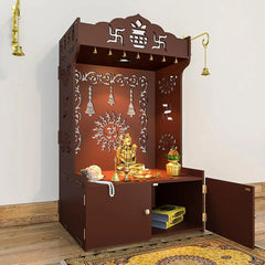 Aesthetic White Wooden Temple/Pooja Mandir for Home with Spacious Shelf & Inbuilt Focus Light