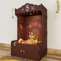 Aesthetic White Wooden Temple/Pooja Mandir for Home with Spacious Shelf & Inbuilt Focus Light