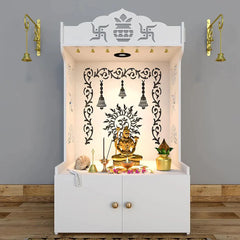 Aesthetic White Wooden Temple/Pooja Mandir for Home with Spacious Shelf & Inbuilt Focus Light