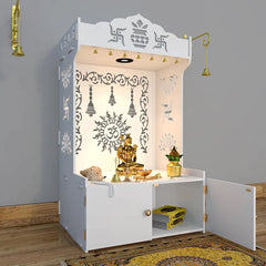 Aesthetic White Wooden Temple/Pooja Mandir for Home with Spacious Shelf & Inbuilt Focus Light