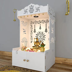 Aesthetic White Wooden Temple/Pooja Mandir for Home with Spacious Shelf & Inbuilt Focus Light