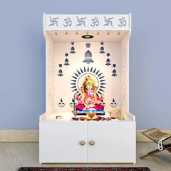 Divine Wooden White Home Temple/Pooja Mandir With Spacious Shelf & Inbuilt Focus Light