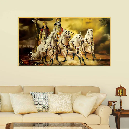 Panoramic Religious Mahabharat Floating Framed Canvas Wall Painting