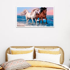 Two White and Brown Running Horses Floating Framed Canvas Wall Painting