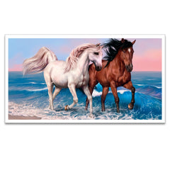 Two White and Brown Running Horses Floating Framed Canvas Wall Painting