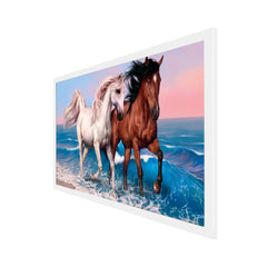 Two White and Brown Running Horses Floating Framed Canvas Wall Painting