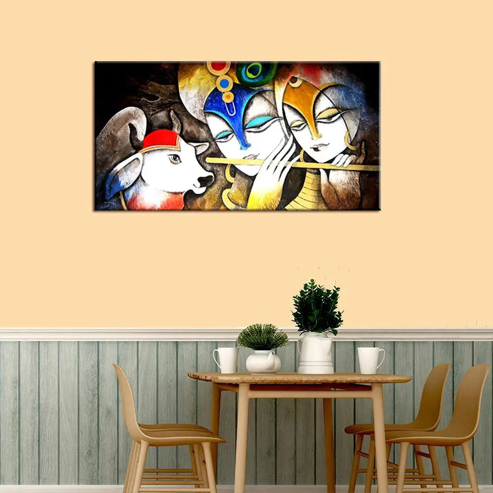 Radha Krishan with Cow and Flute Floating Framed Canvas Wall Painting