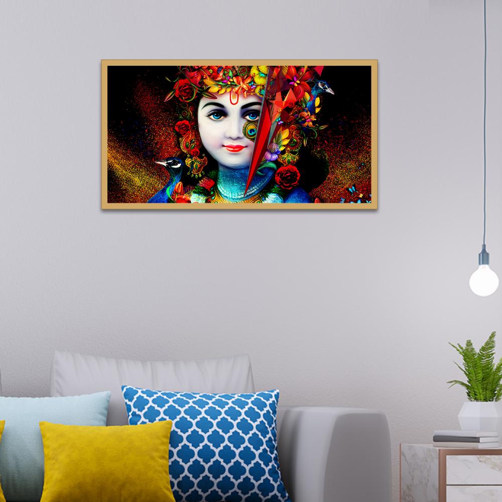 Lord Krishna with Peacock Spiritual Floating Framed Canvas Wall Painting