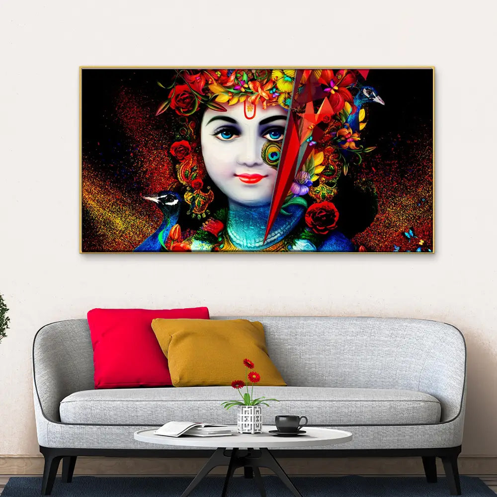 Lord Krishna with Peacock Spiritual Floating Framed Canvas Wall Painting