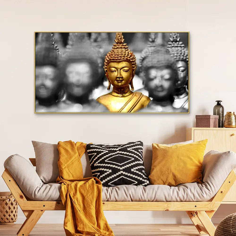 Golden Buddha Statues Spiritual Floating Framed Religious Canvas Wall Painting