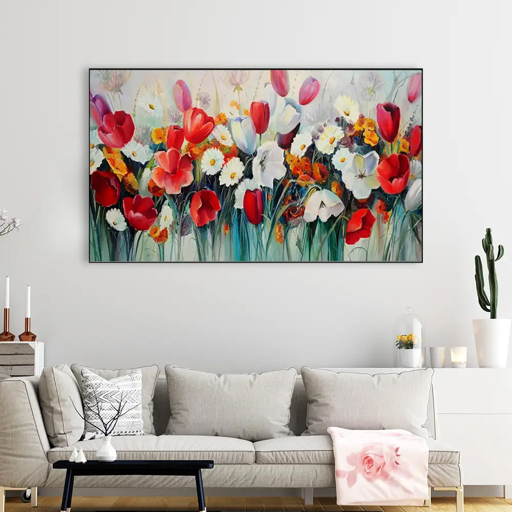 Beautiful Red Floral Floating Framed Canvas Wall Painting for Home and Office Decor