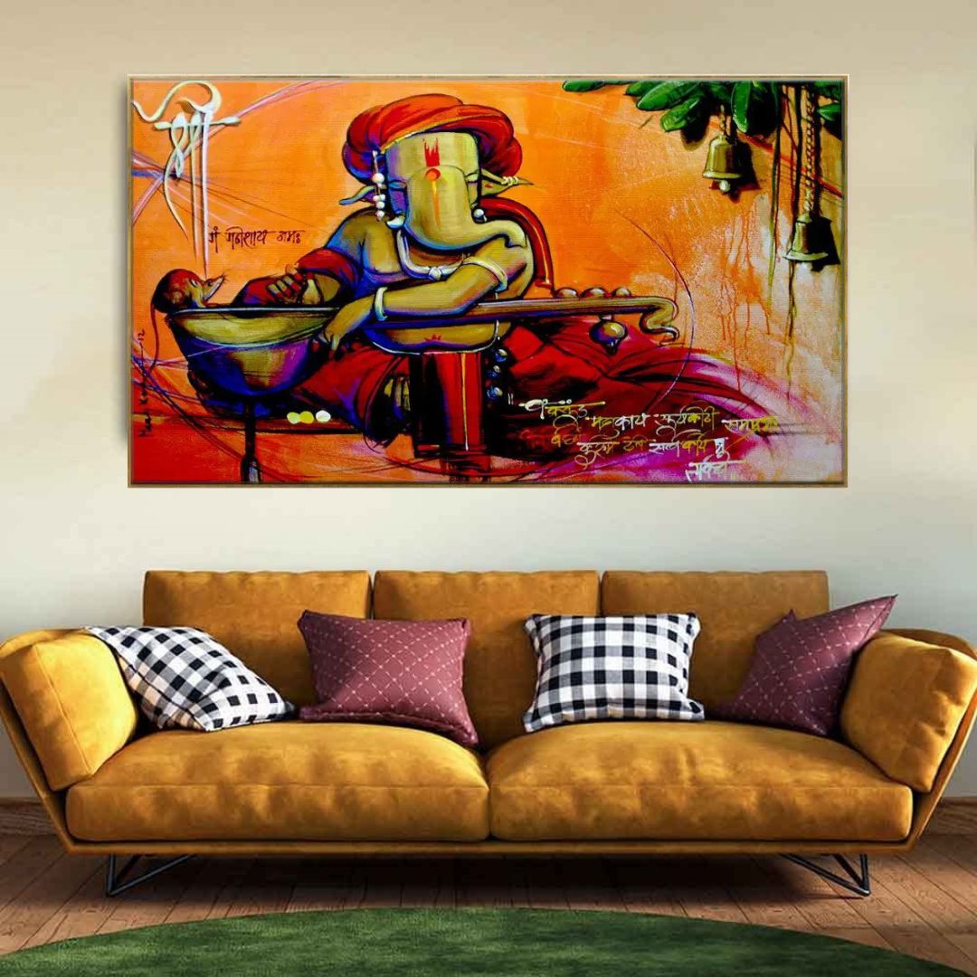 Big Panoramic Beautiful Ganesha Floating Framed Canvas Wall Painting