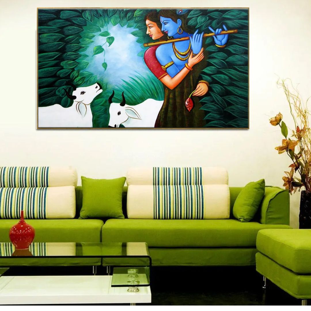 Big Panoramic Radha Krishna in Forest Wall Painting with Floating Frame