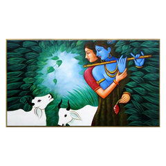 Big Panoramic Radha Krishna in Forest Wall Painting with Floating Frame