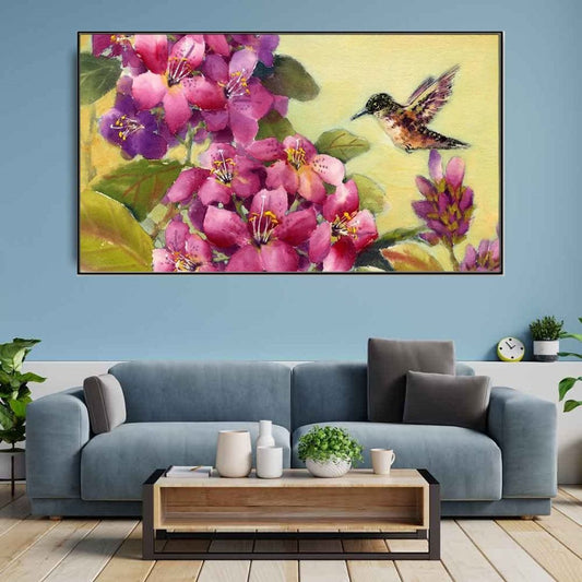 Panoramic Flower Bunch and Humming Bird Floating Frame Canvas Wall Painting