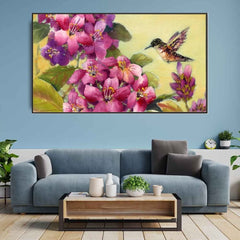 Panoramic Flower Bunch and Humming Bird Floating Frame Canvas Wall Painting