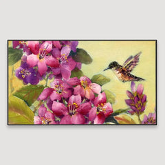 Panoramic Flower Bunch and Humming Bird Floating Frame Canvas Wall Painting