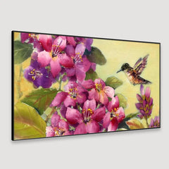 Panoramic Flower Bunch and Humming Bird Floating Frame Canvas Wall Painting