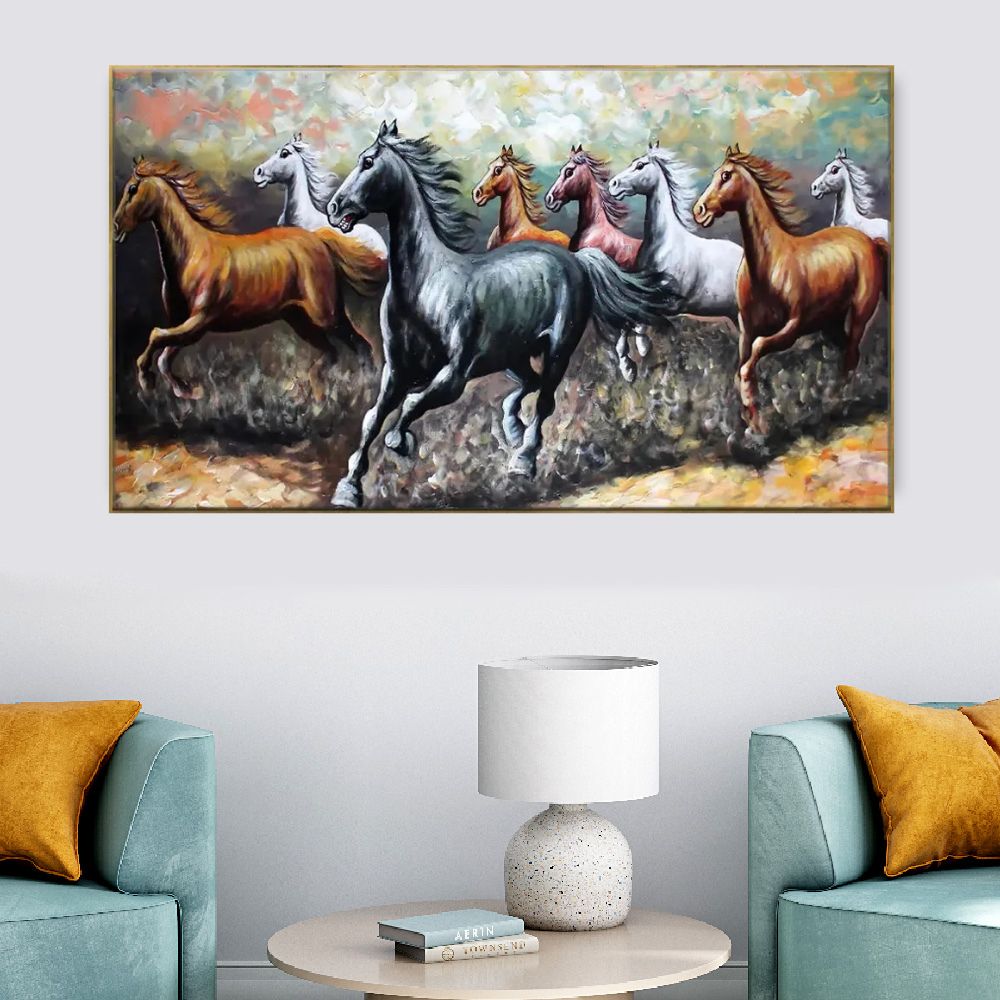 Big Panoramic Running Horses Abstract Design Canvas Wall Painting with Floating Frame
