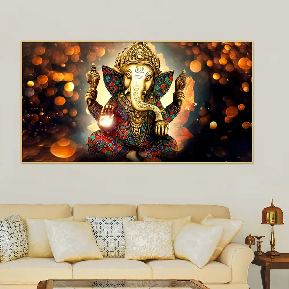 Big Panoramic Sri Ganesha Indian Hindu Spiritual Floating Frame Canvas Wall Painting