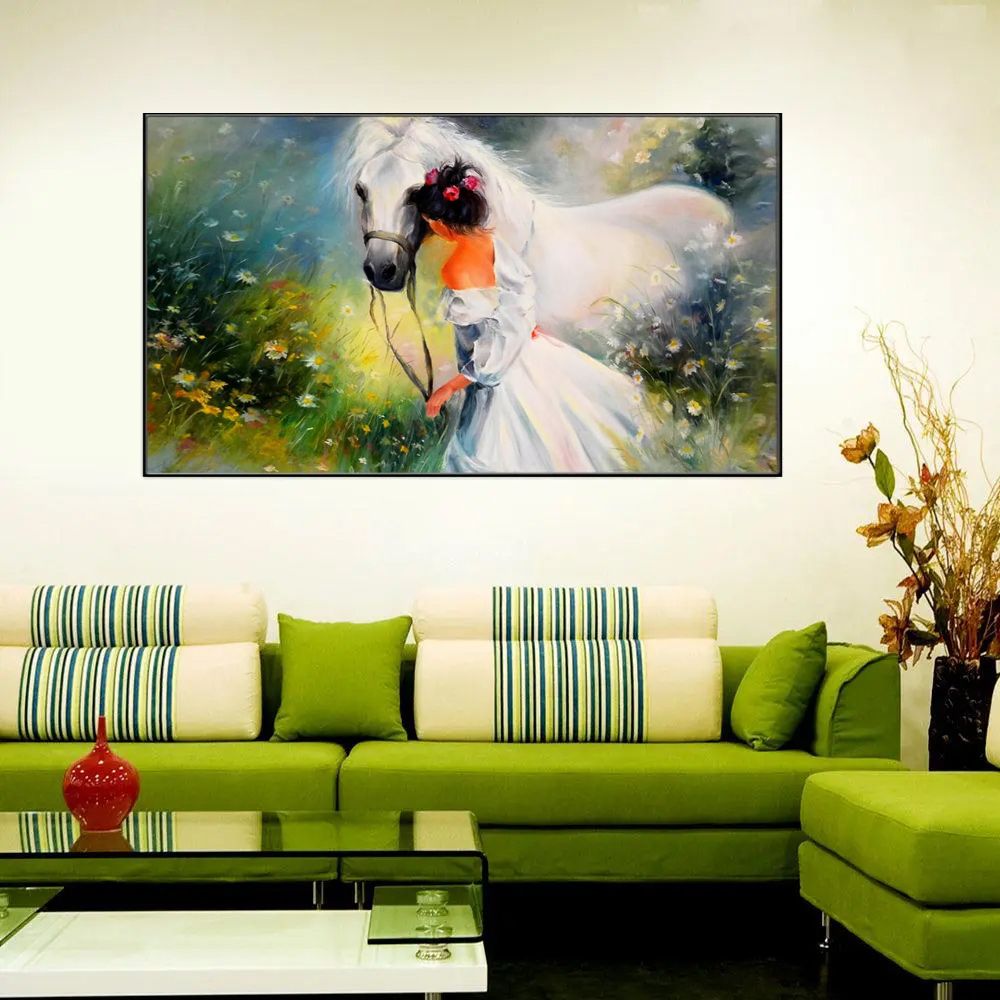 Big Panoramic Girl with a Horse Floating Frame Canvas Wall Painting