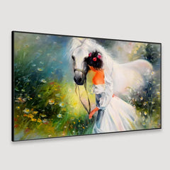 Big Panoramic Girl with a Horse Floating Frame Canvas Wall Painting