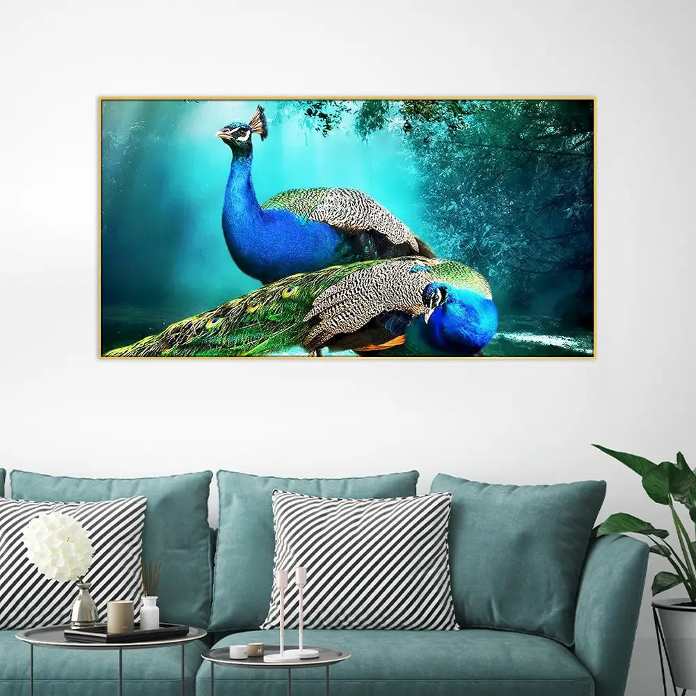 Peacock in Beautiful Forest Vastu Floating Frame Canvas Wall Painting