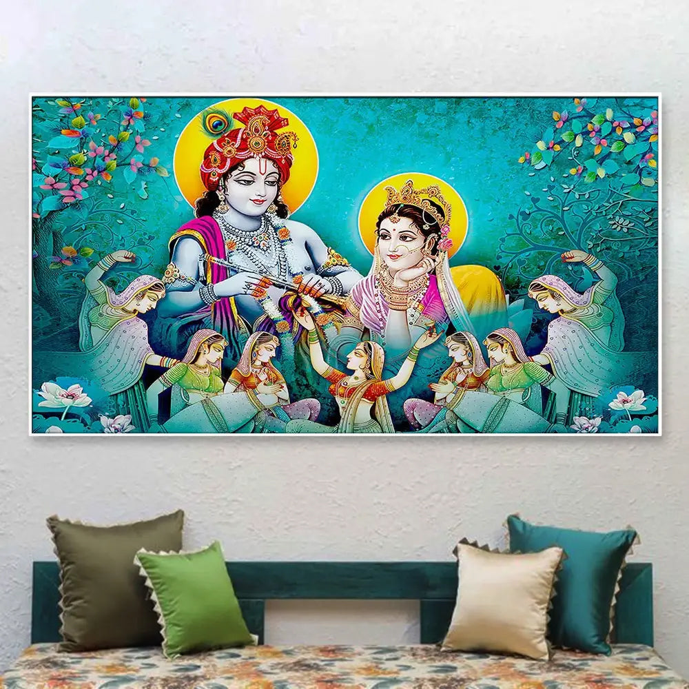 Big Panoramic Radha Krishna Floating Framed Canvas Wall Painting