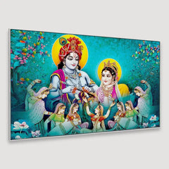 Big Panoramic Radha Krishna Floating Framed Canvas Wall Painting