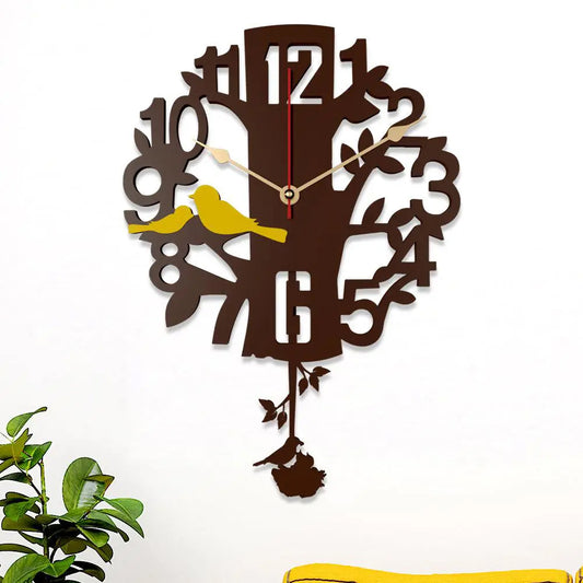 Wooden Pendulum Wall Clock with Brown Tree and Yellow Birds