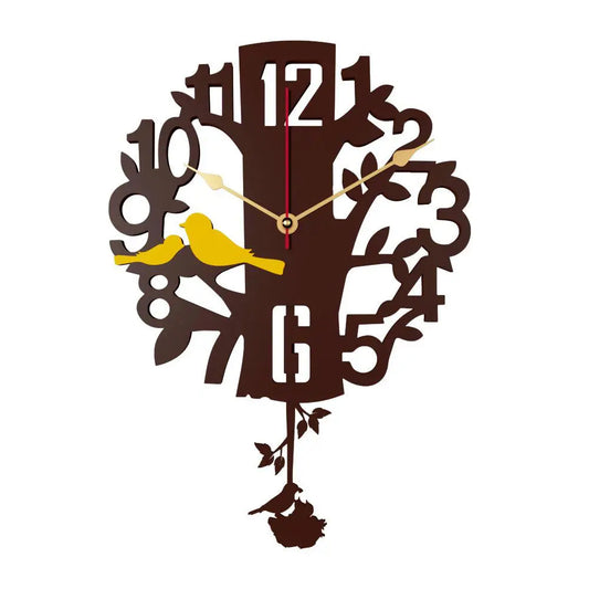 Wooden Pendulum Wall Clock with Brown Tree and Yellow Birds