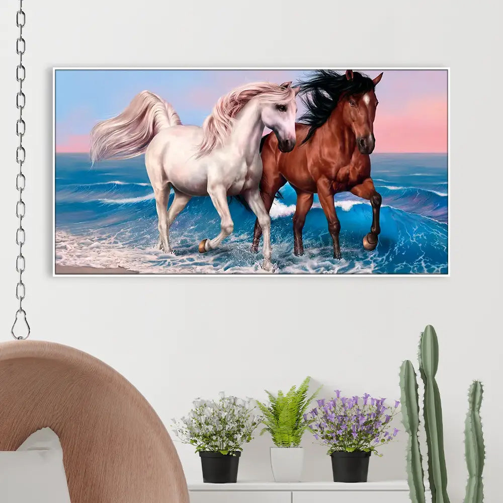 Two White and Brown Running Horses Floating Framed Canvas Wall Painting for Living Room Bedroom drawing room Office Wall Decor