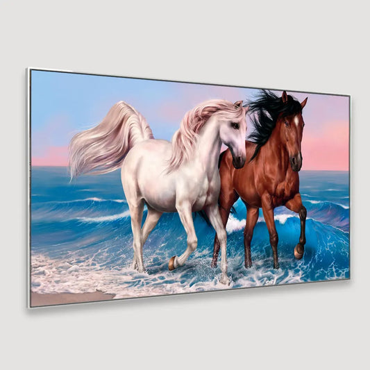 Two White and Brown Running Horses Floating Framed Canvas Wall Painting