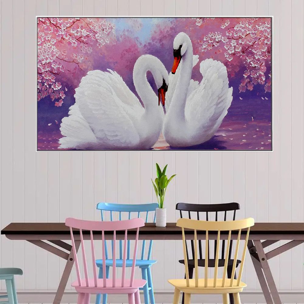 Romantic Couple of Swans Floating Framed Canvas Wall Painting