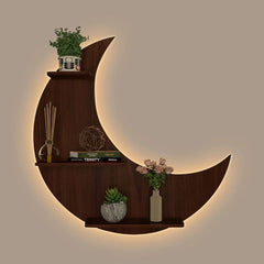 Moon Backlit Designer Wooden Wall Shelf / Book Shelf, Walnut Finish