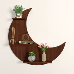 Moon Backlit Designer Wooden Wall Shelf / Book Shelf, Walnut Finish