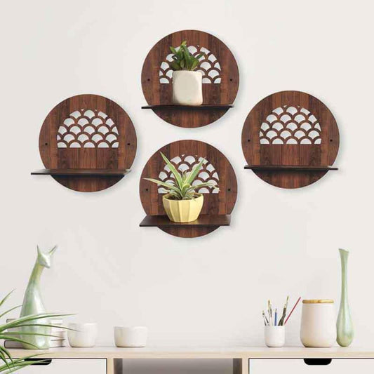 Circular Modern Shelves with Walnut Finish Set of Four