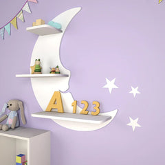 Modern Sparkle Moon Wooden Wall Shelf for Kids