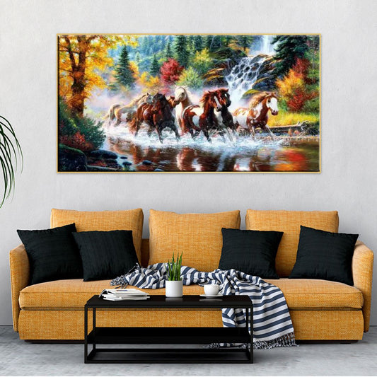 Big Panoramic 7 Running Horses in Water Vastu Floating Frame Canvas Wall Painting