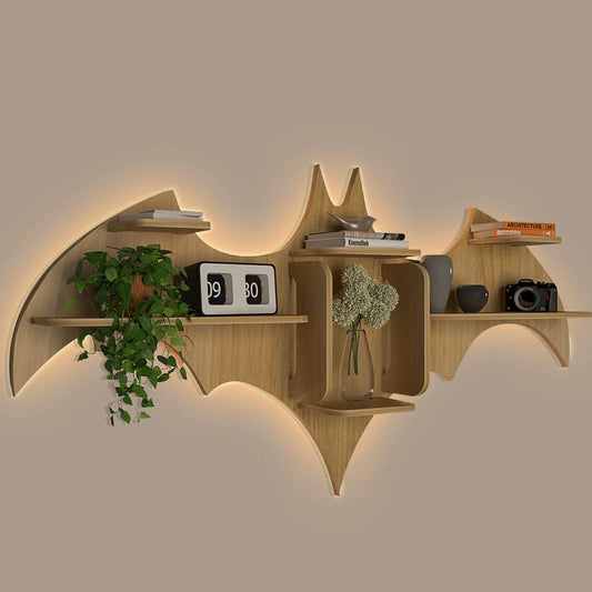 Bat Shape Backlit Designer Wooden Wall Shelf Book Shelf Night Light, Light Oak Finish