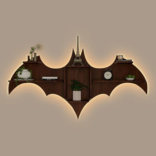 Bat Shape Backlit Designer Wooden Wall Shelf Book Shelf Night Light, Light Oak Finish