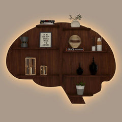 Brain Shape Backlit Designer Wooden Wall Shelf / Book Shelf / Night Light, Walnut Finish