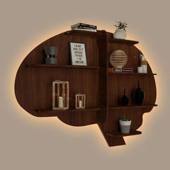 Brain Shape Backlit Designer Wooden Wall Shelf / Book Shelf / Night Light, Walnut Finish