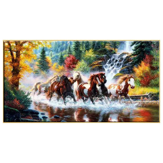 Big Panoramic 7 Running Horses in Water Vastu Floating Frame Canvas Wall Painting