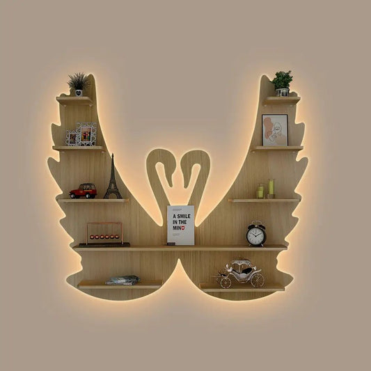 Beautiful Loving Swan Backlit Designer Wooden Wall Shelf / Book Shelf / Night Light, Light Oak Finish