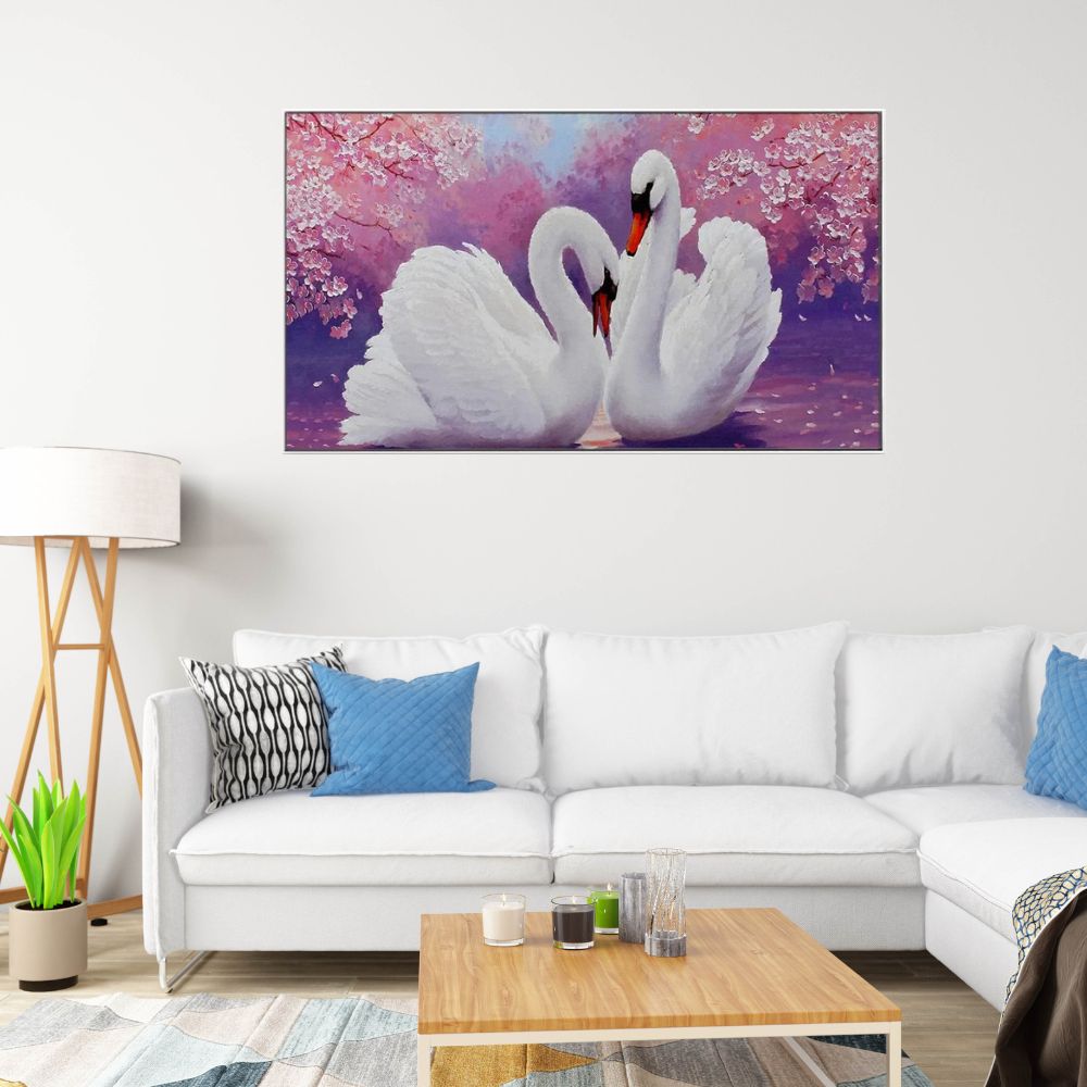 Romantic Couple of Swans Canvas Wall Painting and Wall Art with Floating Frame