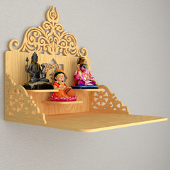 Beautiful Wall Hanging Wooden Temple/ Pooja Mandir Design With Shelf, Natural Color (DS018)